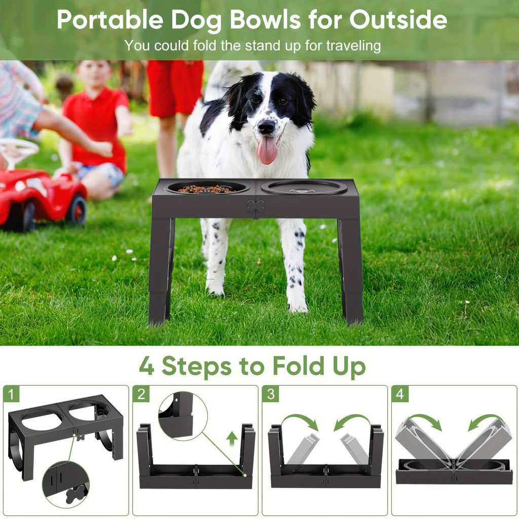 Four-Level Elevated Dog Bowls with 1L Slow Feeder and Spill-Reducing Water Bowl, Black Adjustable Non-Slip Feeding Station for Daily Meals