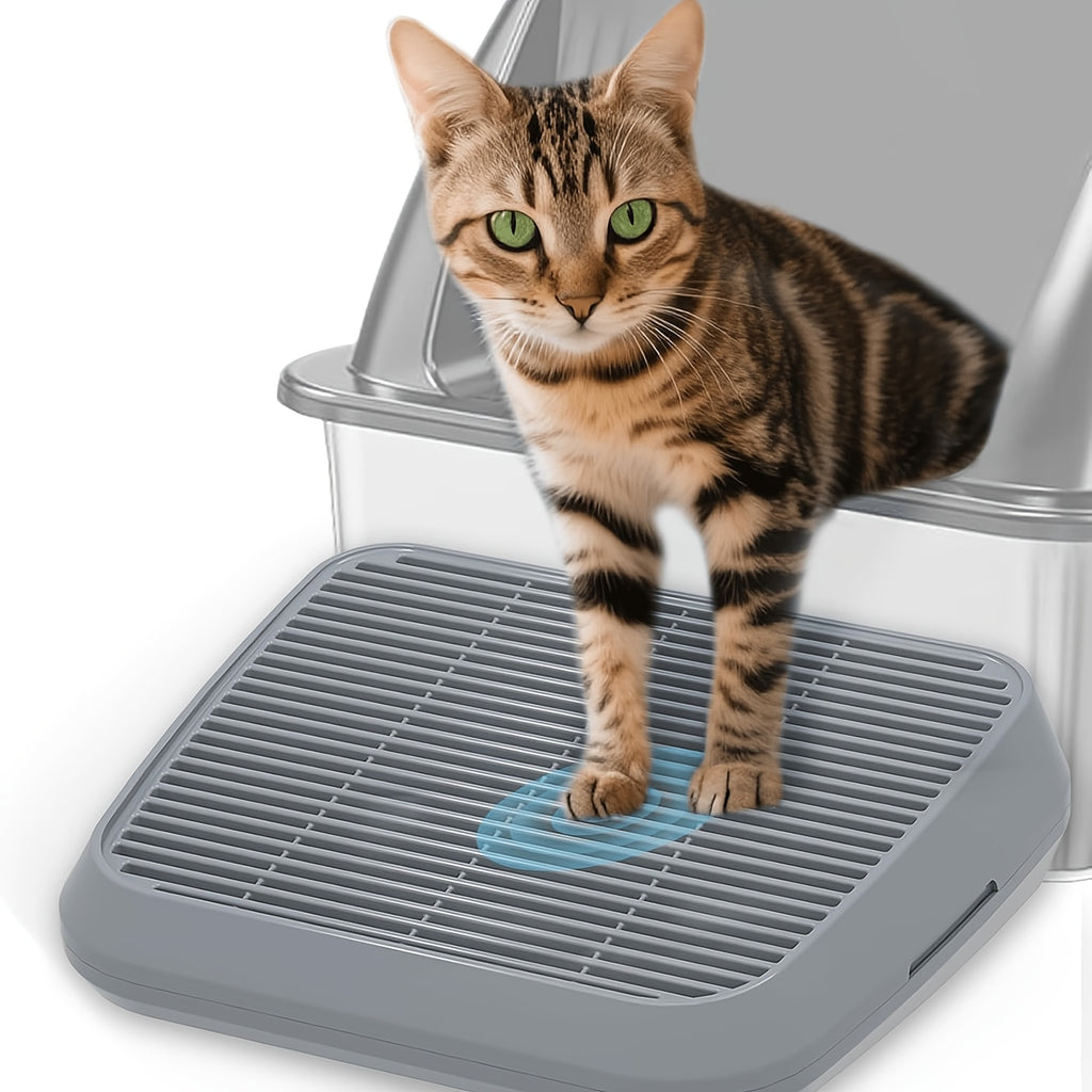 Cat Litter Box Ramp with Removable Trapping Grid, Dark Gray ABS Litter Collection Step, Washable Non-Slip Tray for Indoor Cat Cleanup