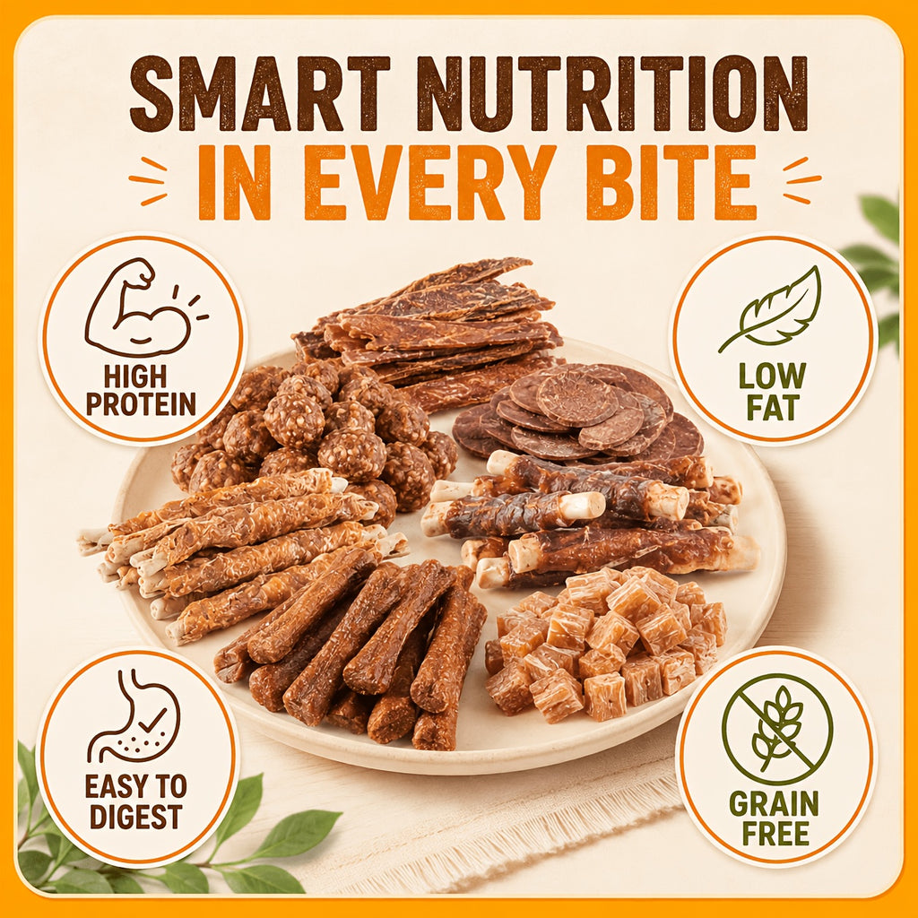Dog Snack Variety Selection with Chicken Liver, Duck Jerky, Beef Cubes and Sweet Potato Donut Options for Supervised Training Rewards