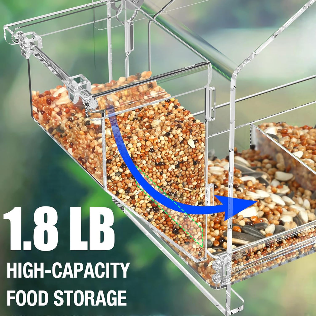 Window Bird Feeder with Dual Side Hoppers, Extra Large Clear Outdoor Feeder with Suction Cups and Adhesive Mount for Indoor Bird Watching