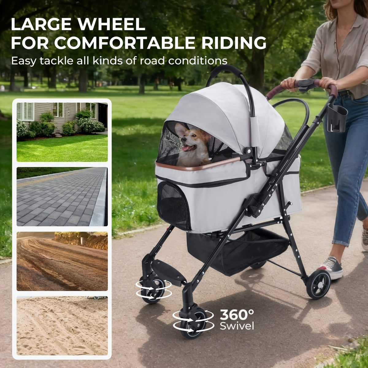 Convertible Pet Stroller with Removable Carrier, Foldable Dog and Cat Pushchair with Mesh Canopy, Storage Basket and Cup Holder in Four Colors