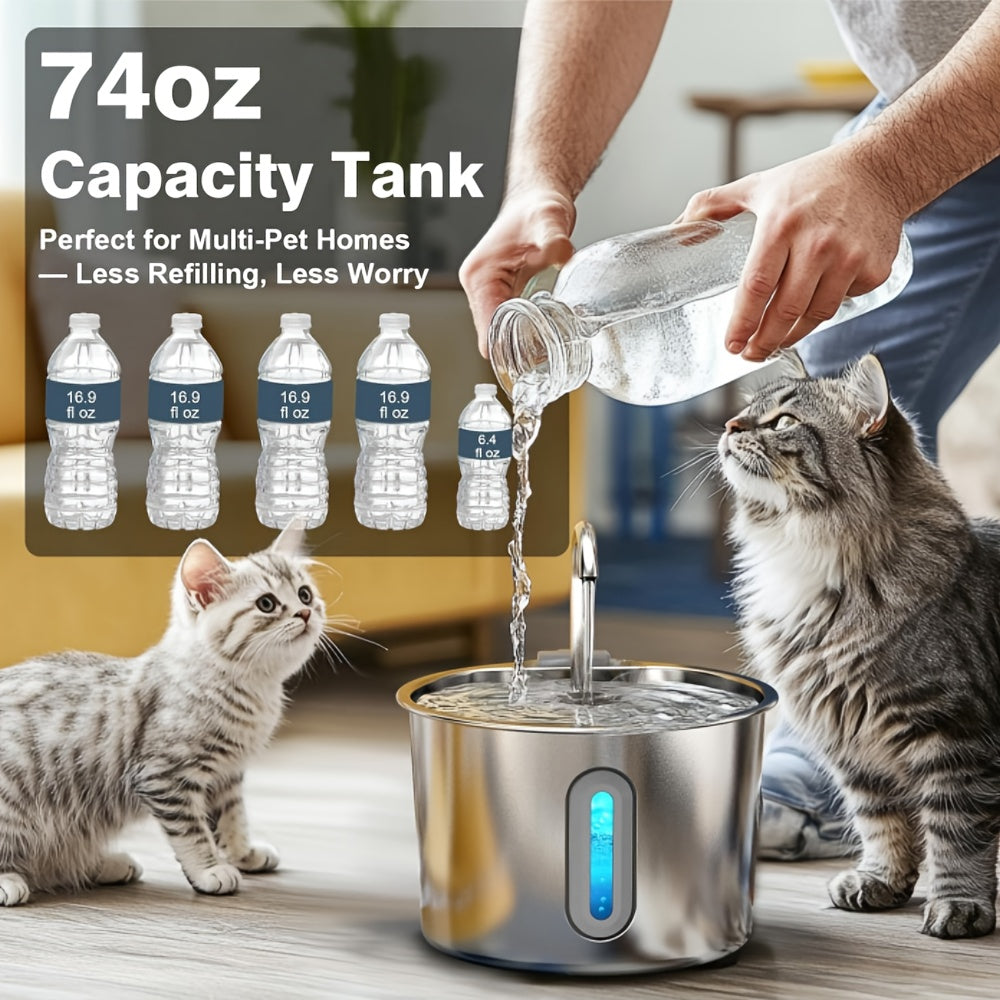 Cat Water Fountain with 3-Stage Filtration, 2.2L 304 Stainless Steel Pet Drinking Dispenser with Quiet USB Pump and Visible Water Level Window