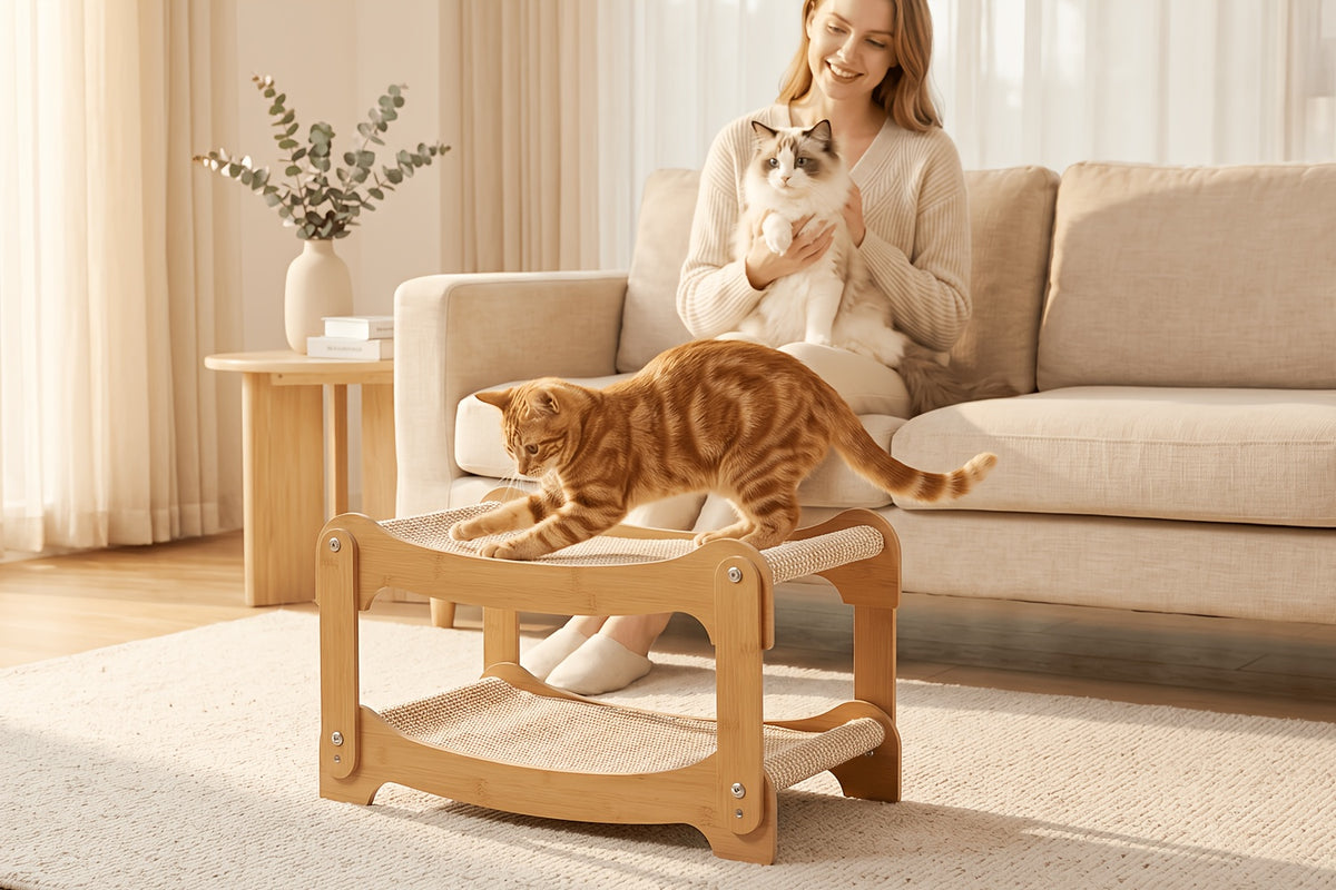 Cat Bunk Bed with Sisal Scratching Surfaces, Wooden Double-Decker Indoor Cat Lounger with Two Open Resting Levels, Large Size