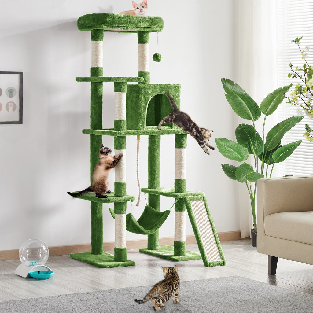 Cat Tree 63 Inch in Green, Multi-Level Indoor Cat Tower with Plush Condos, Hammock, Elevated Perches and Sisal Scratching Posts