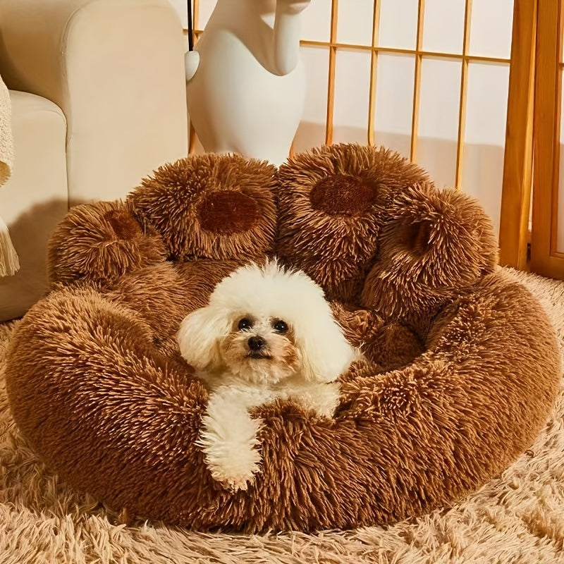 Long Plush Pet Bed with Bear Paw Shape, PP Cotton Filled Dog and Cat Sleeping Cushion with Anti-Slip Bottom, Single Bed and 2PCS Options