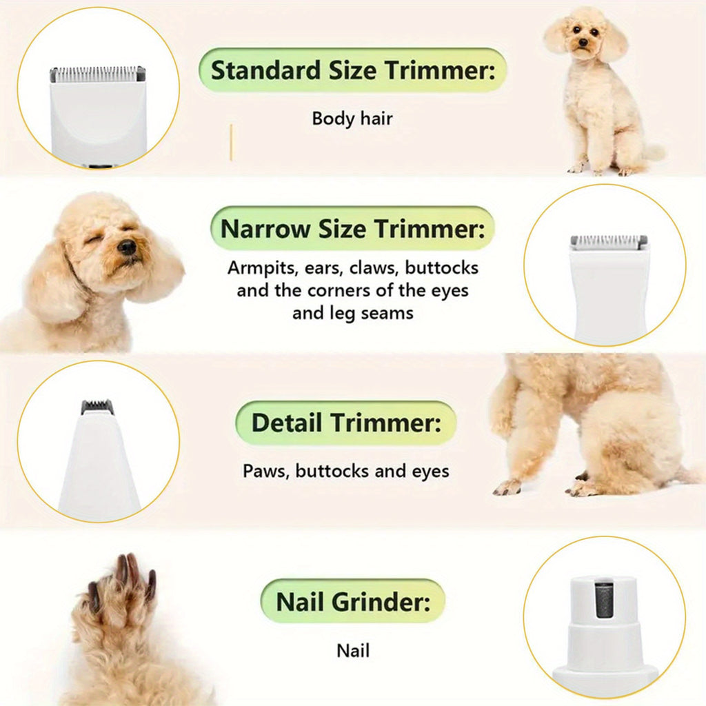 Dog Grooming Kit with Interchangeable Heads, USB Rechargeable Cordless Pet Hair Clipper with 4 Guide Combs, Steel Scissors and Comb for Home Trimming