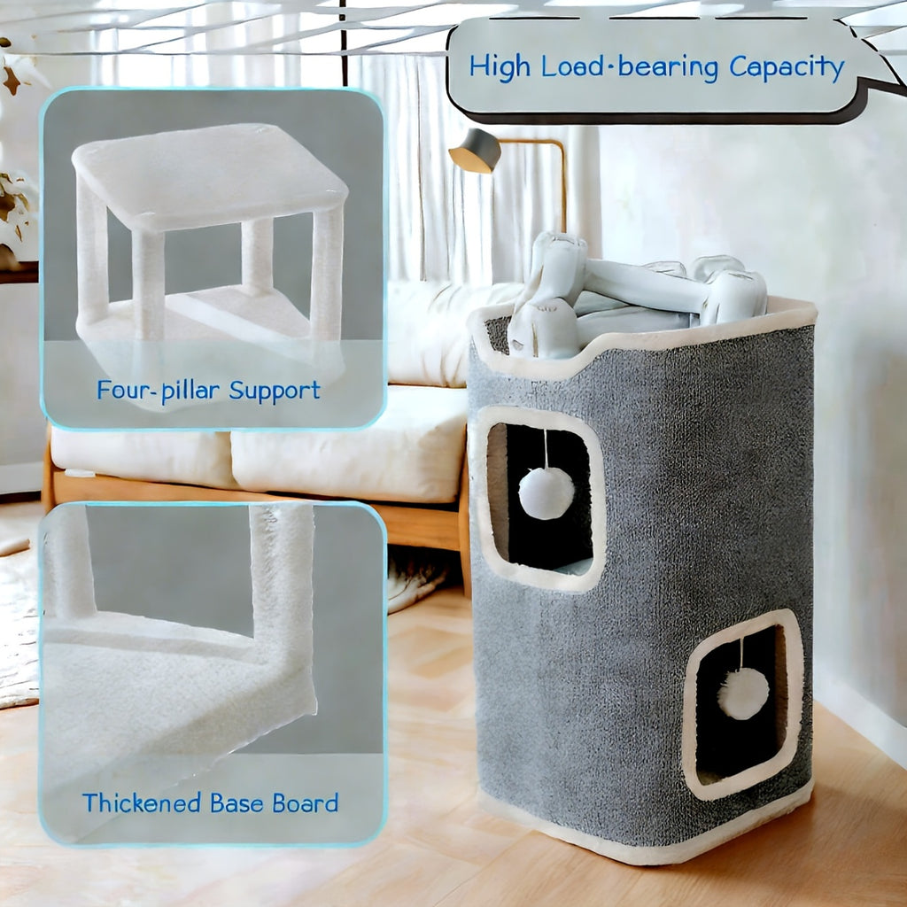 Cat Tree with Foldable Design for Indoor Cats, Cozy Top Bed and Hideaway, One to Three Level Cat Tower for Resting, Scratching and Play