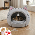 Enclosed Cat Bed with Washable Cushion, Gray Plush Cat Tent with Hanging Toy Ball, S to XL Indoor Cat House with Included Pet Bandana