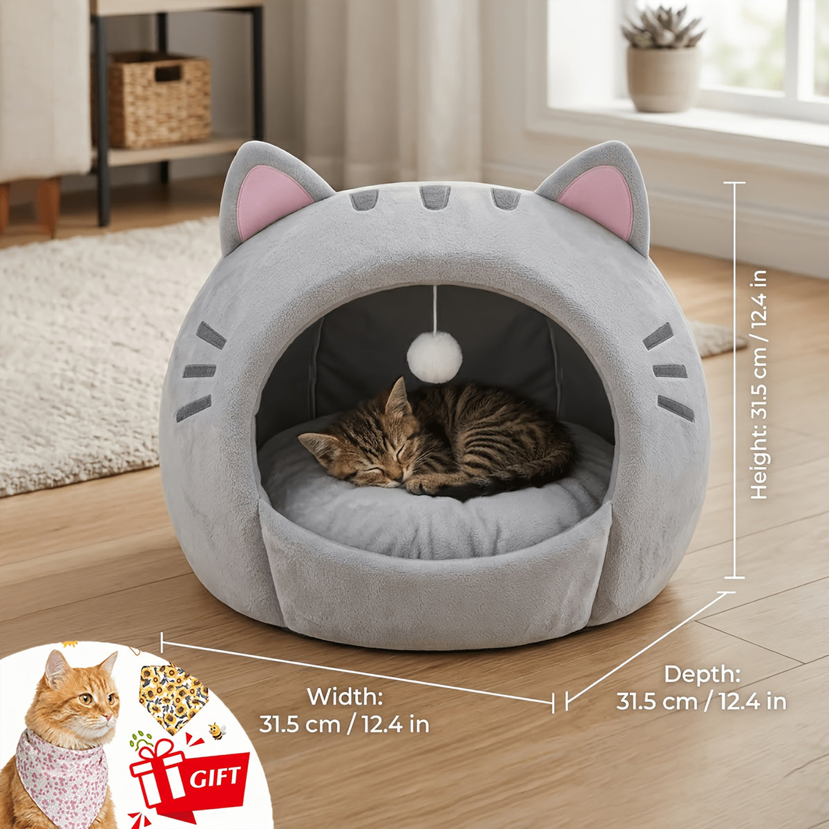 Enclosed Cat Bed with Washable Cushion, Gray Plush Cat Tent with Hanging Toy Ball, S to XL Indoor Cat House with Included Pet Bandana