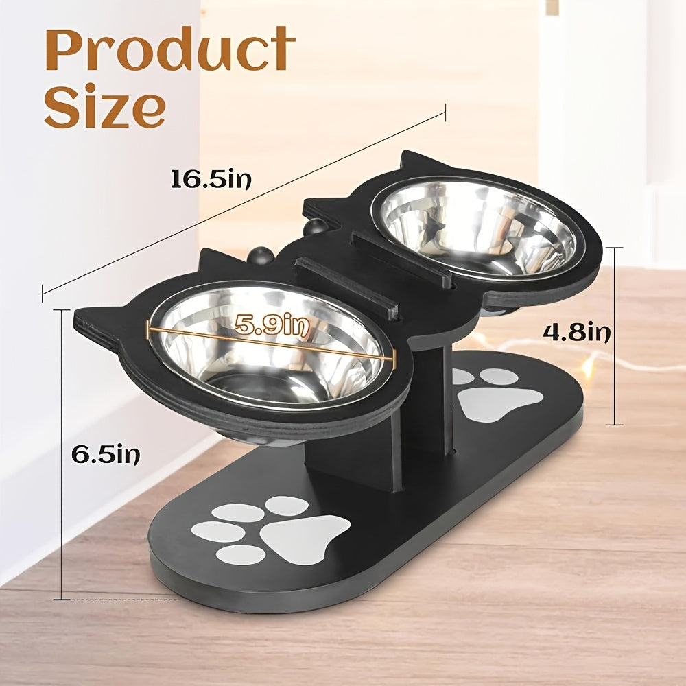 Adjustable Elevated Cat Bowls with 15 Degree Tilt, 2 or 3 Stainless Steel Food and Water Dishes on Black Stand, Standard or Widened Styles