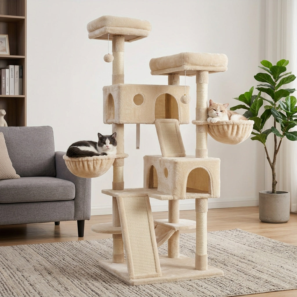 65 Inch Cat Tree Tower for Indoor Cats, Multi-Level Plush Cat Condo with Basket Beds, Hammock, Sisal Scratching Posts and Wide Base, Six Color Options