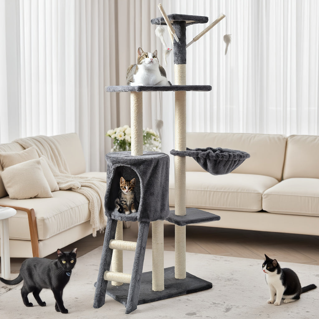 Cat Tree with Hammock and Extended Platform, Multi-Level Indoor Cat Tower with Sisal Scratching Posts, Condo and Dangling Play Toy
