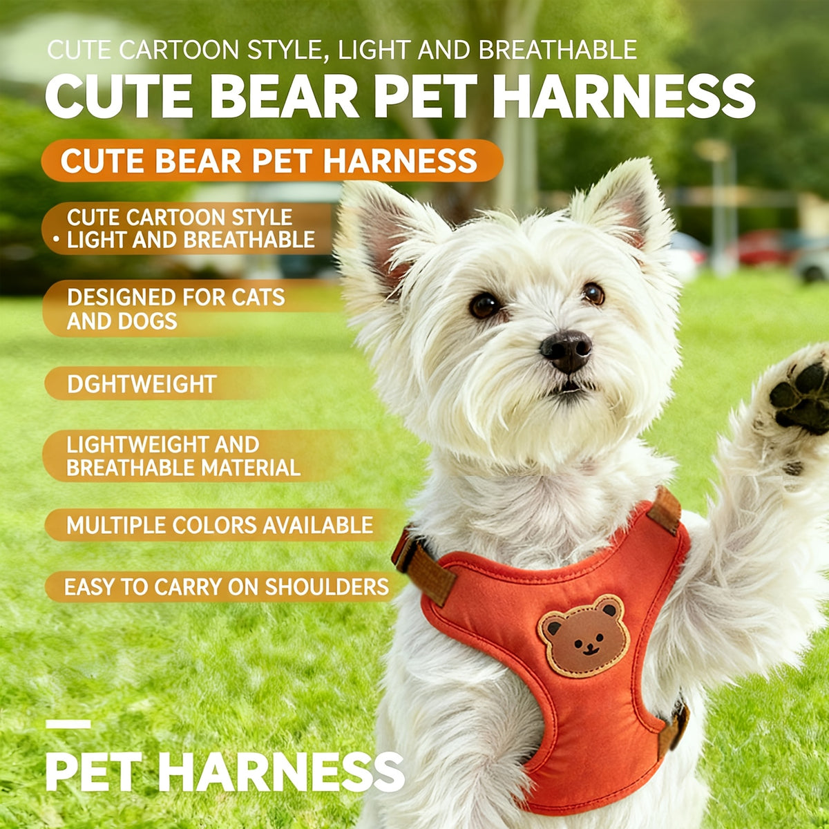 Bear Dog Harness and Leash Set with Cartoon Vest Design, 59-Inch Walking Lead, Green, Khaki or Orange Colors and S or L Sizes