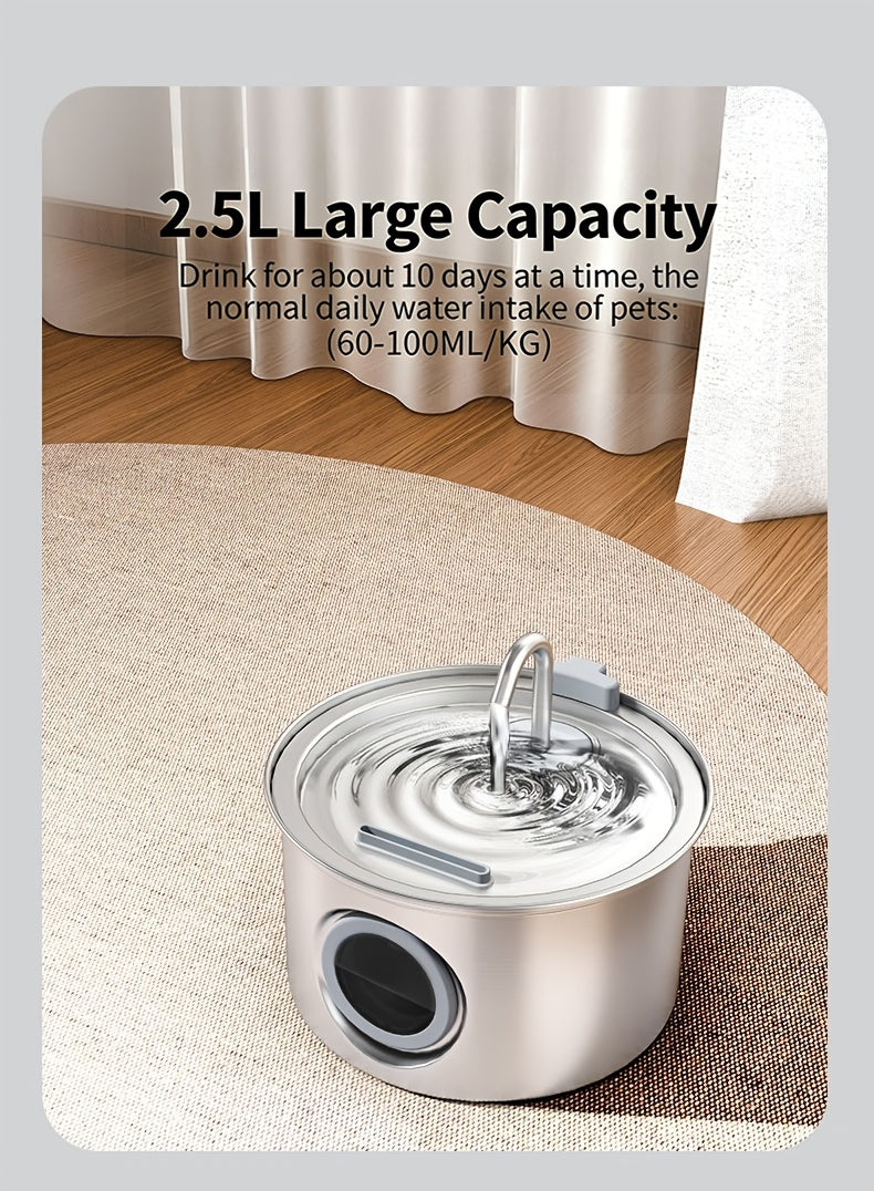 Dog Water Fountain 74oz 2.2L, Quiet 304 Stainless Steel Pet Drinking Dispenser with Large Water Level Window, Easy-Clean Design and Filter Bundle Options