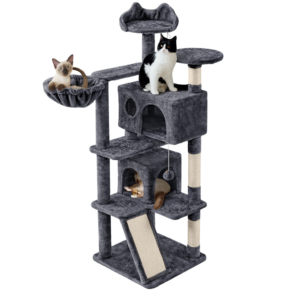 Cat Tree 57 Inch with Two Condos, Plush Multi-Level Indoor Kitten Tower with Round Platform, Ladder and Dangling Ball for Small Cats