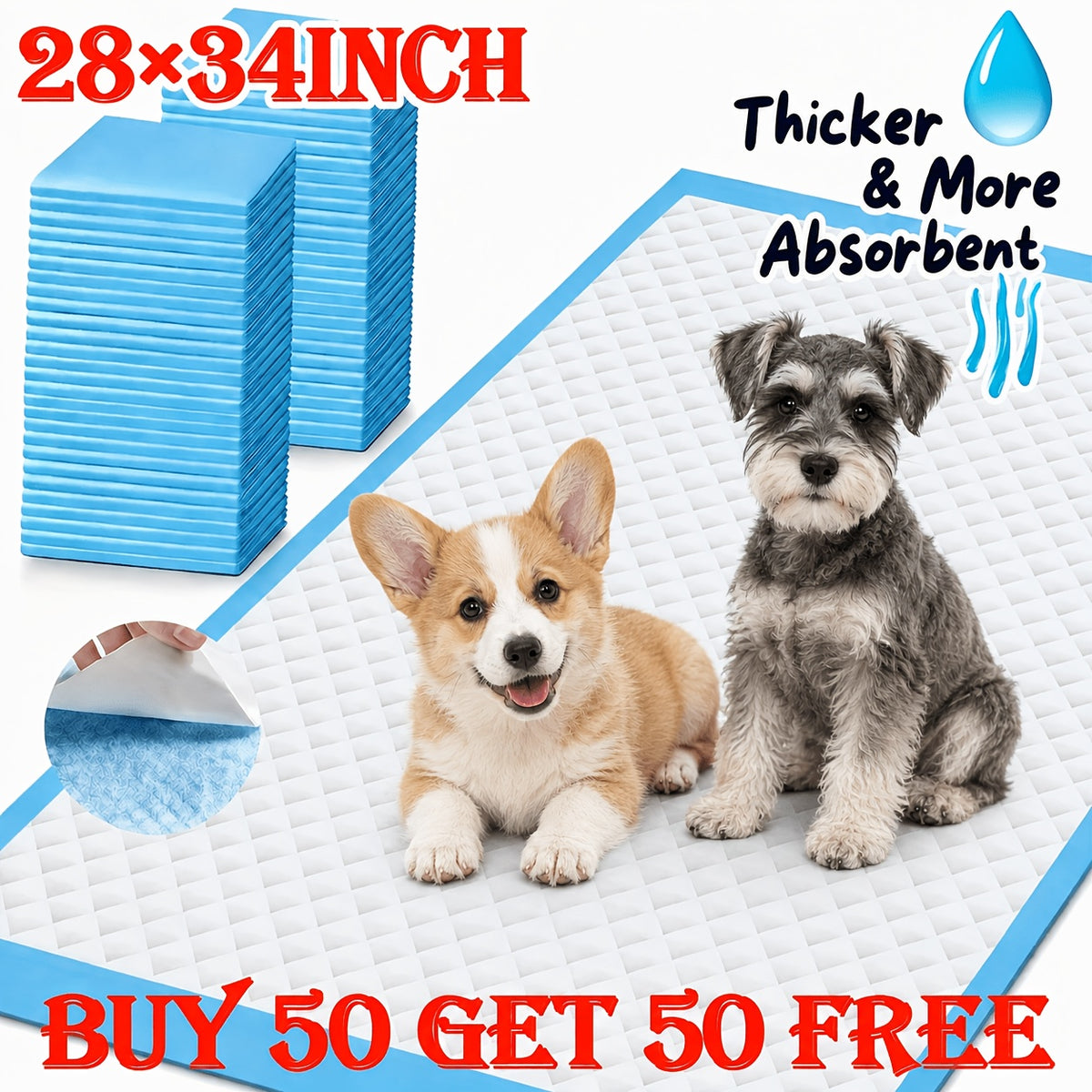 Dog Pee Pads 80 or 100 Count for Small to Medium Dogs, Absorbent Puppy Potty Training Pads in Two Sizes for Home Care and Camping