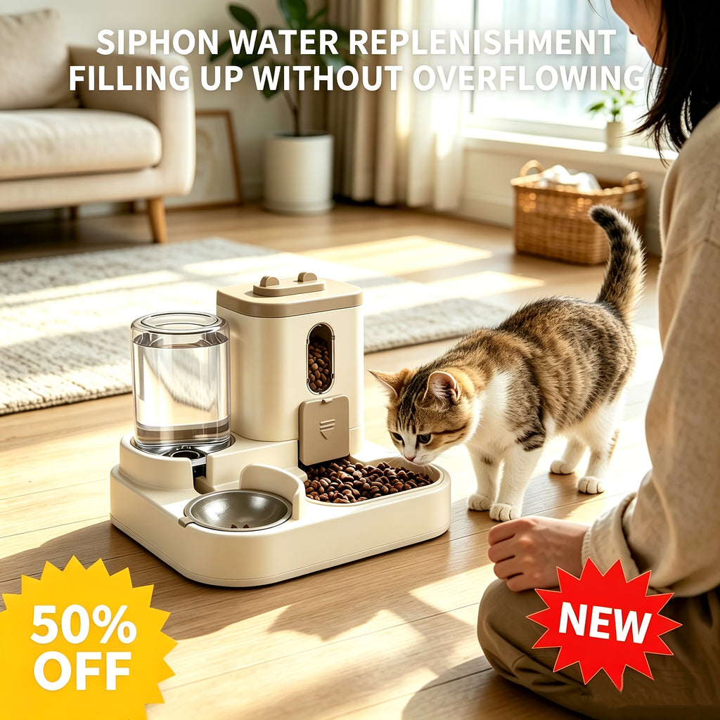 Automatic Pet Feeder 2-in-1 for Cats and Dogs, Non-Electric Space-Saving Feeding Station for Daily Pet Care in Pink, Grey or Light Yellow
