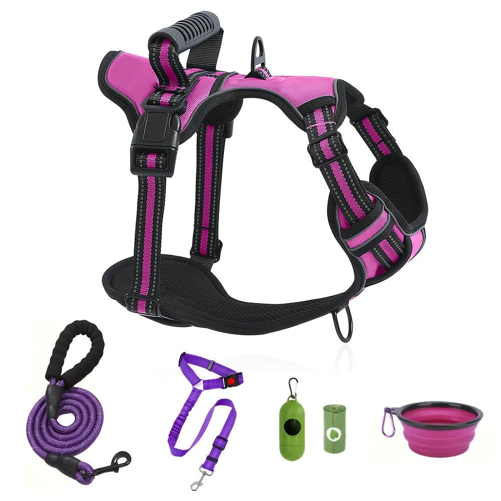 6-Piece Dog Harness and Leash Set, Reflective Oxford Vest with Front and Back Clips, Control Handle, Bowl and Walking Accessories, XS–XL