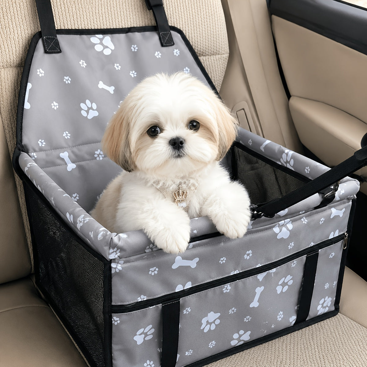 Small Dog Car Booster Seat with Bone Print, Foldable Oxford Pet Travel Carrier with Mesh Sides, Adjustable Straps and Storage Pocket