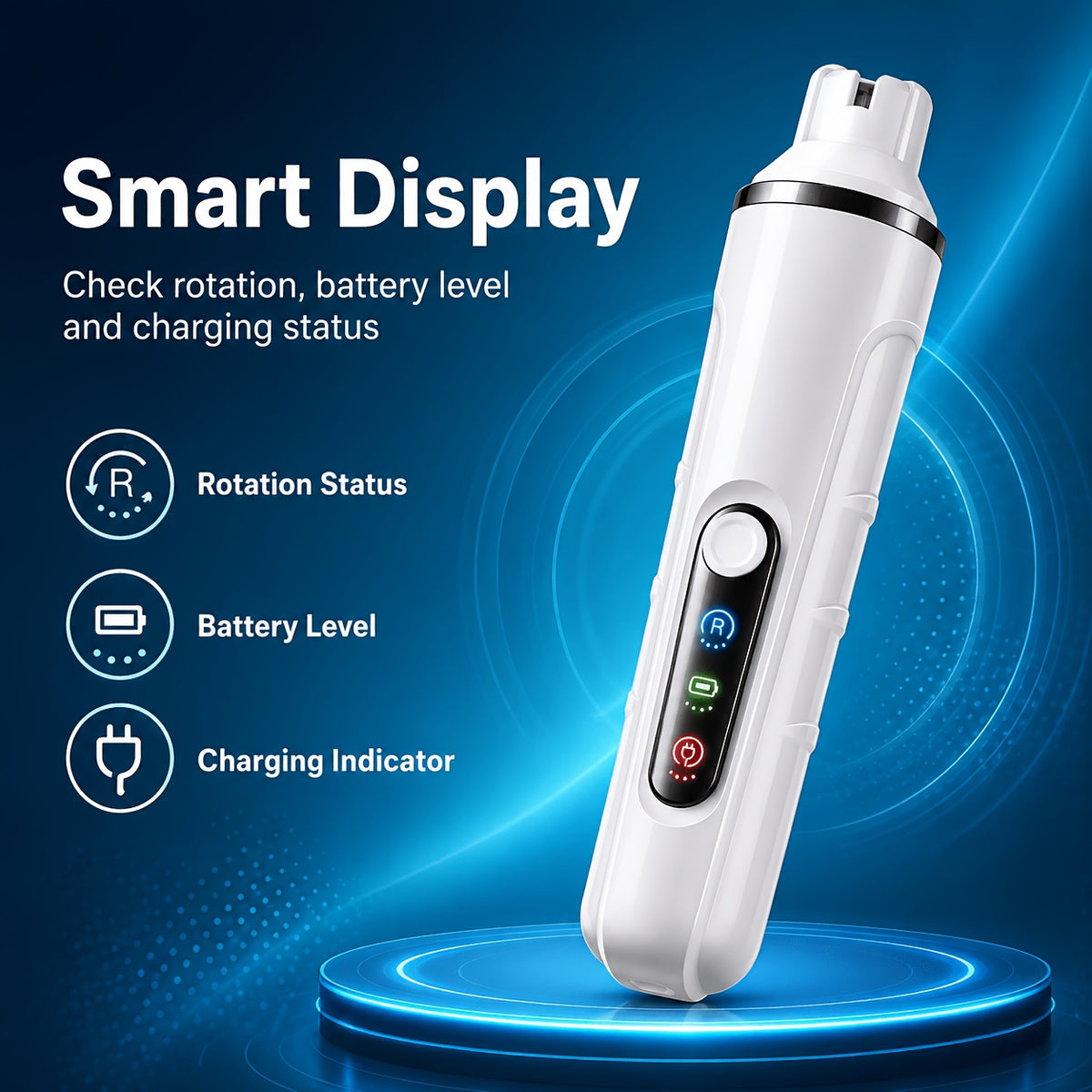 Dog Nail Grinder with Status Display, Rechargeable Low-Noise Electric Pet Nail File with LED Light and 3 Grinding Ports for Dogs and Cats