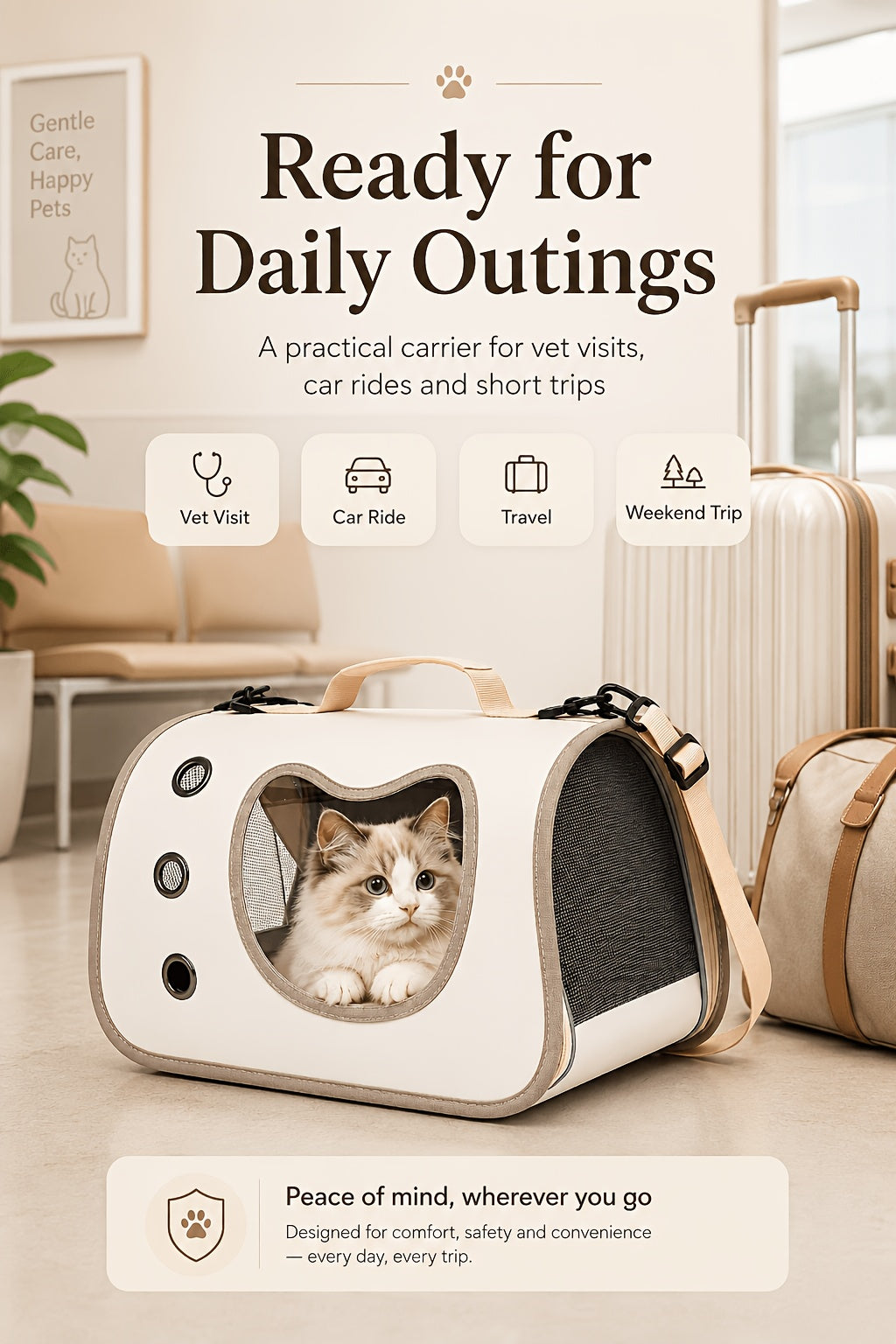 Cat Carrier with Cat-Face Viewing Window, Foldable Pet Travel Bag with Mesh Ventilation and Adjustable Shoulder Strap for Kittens and Small Dogs