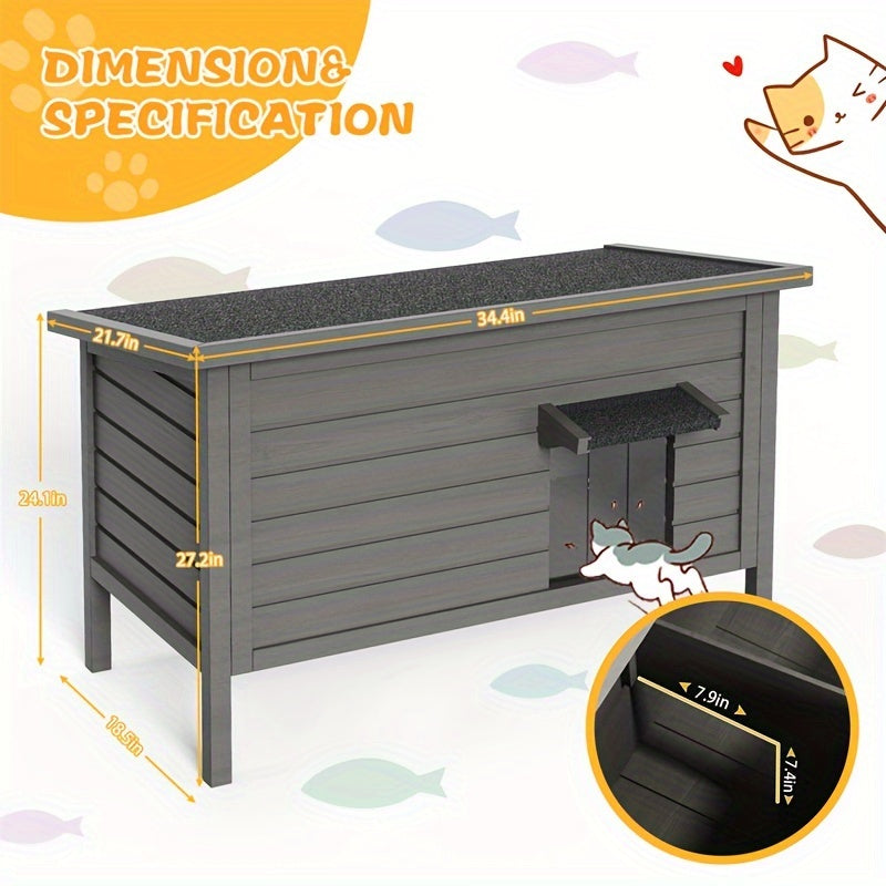 Wooden Outdoor Cat House with Six-Side Foam Insulation, Raised Floor and Feeding Station, 34.4 x 21.7 x 27.2 Inch Feral Cat Shelter in Grey or Coffee