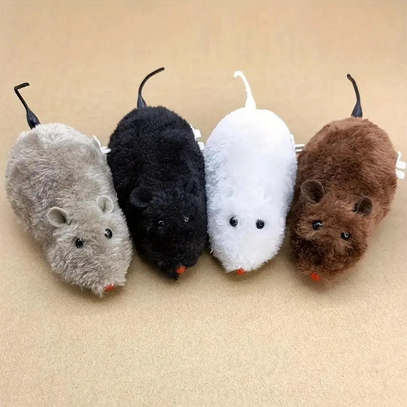 Wind-Up Mouse Cat Toy Set, Plush Clockwork Moving Mice for Supervised Indoor Chase Play, No Batteries Required, Gray Black White and Beige