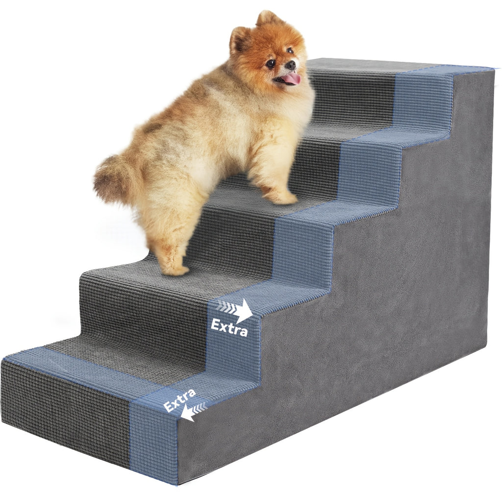 Foam Dog Stairs for Small Dogs, 5-Step Pet Steps with Supportive Board and Non-Slip Removable Washable Cover in Grey or Navy for Home Use