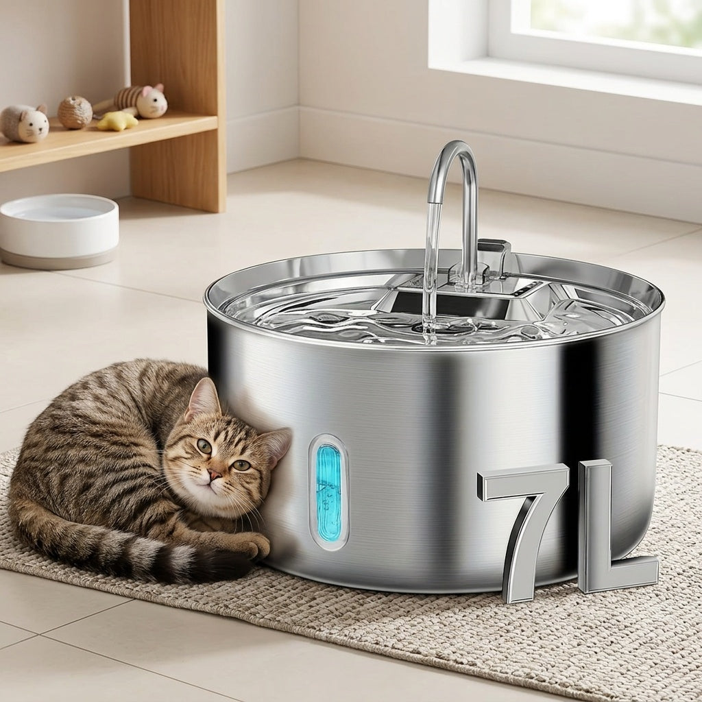 Dog Water Fountain FT007 7L, Stainless Steel USB Powered Pet Drinking Dispenser with Water Level Window and Filtration for Cats and Multi-Pet Homes