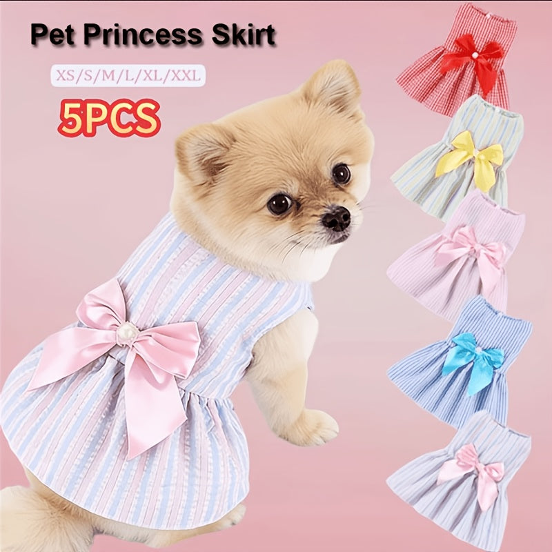 Striped Pet Dress Set, 5-Piece Bow Princess Dresses for Small and Medium Dogs and Cats, Five Colors for Dress-Up and Photos, XS–XXL