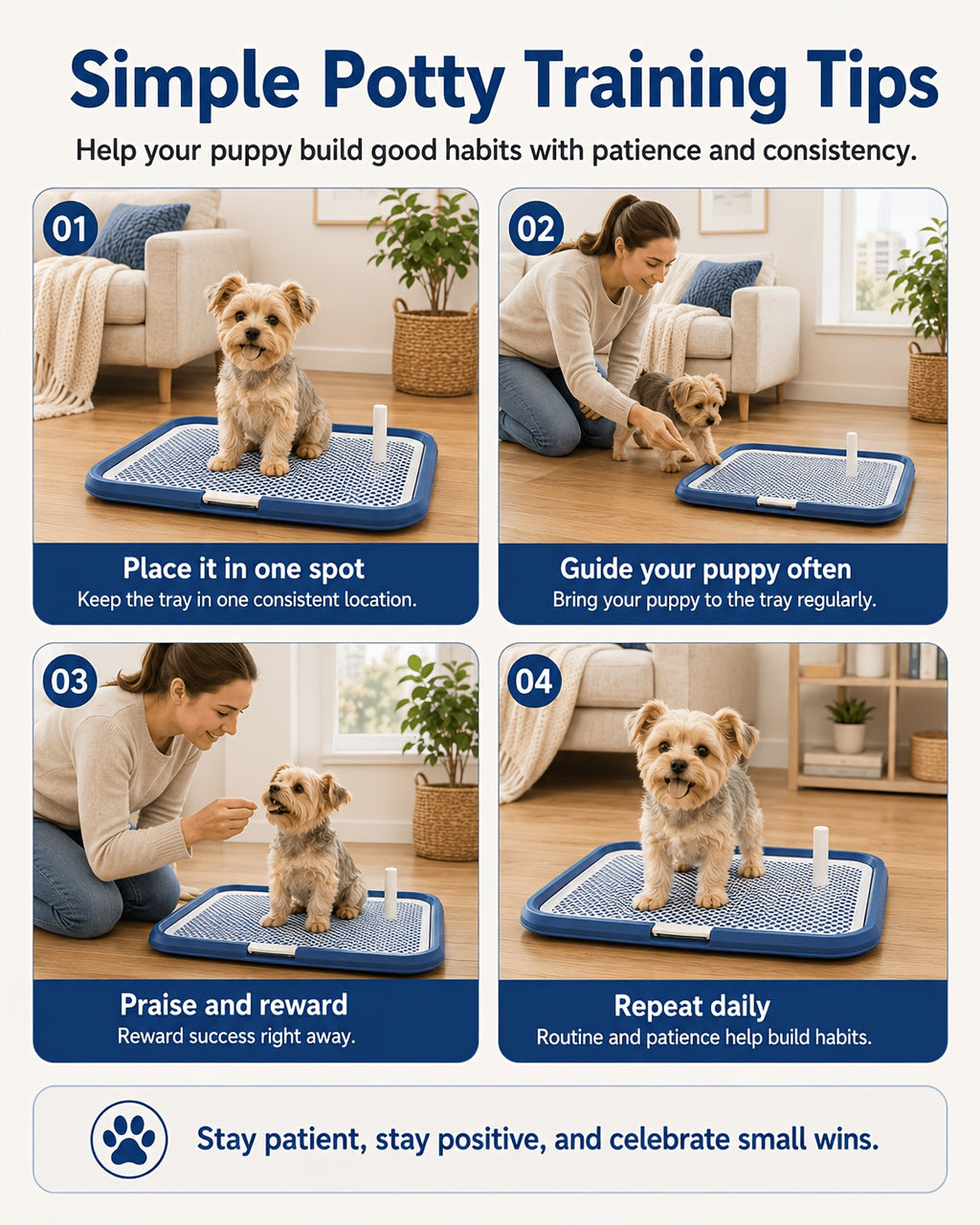 Dog Pee Pad Holder with Removable Grate, Leak-Proof Washable Puppy Potty Training Tray for Indoor Apartment Toilet Routines
