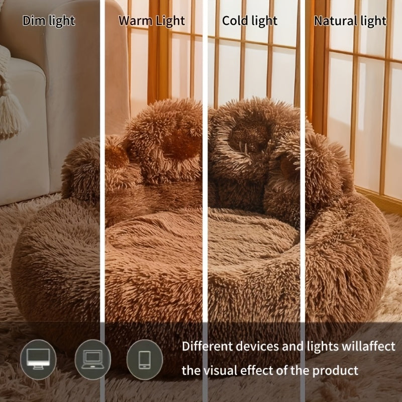 Faux Fur Pet Bed with Washable Bear Paw Design, Soft Plush Dog and Cat Sleeping Cushion with Non-Slip Bottom in Three Sizes and Colors