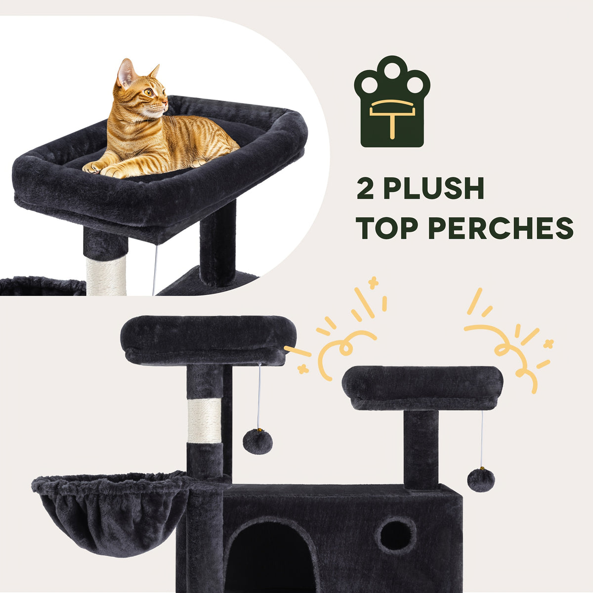 Cat Tree 81 Inch with Hanging Hammock and Basket, Multi-Level Indoor Cat Tower with Plush Condo, Elevated Perches and Sisal Scratching Posts