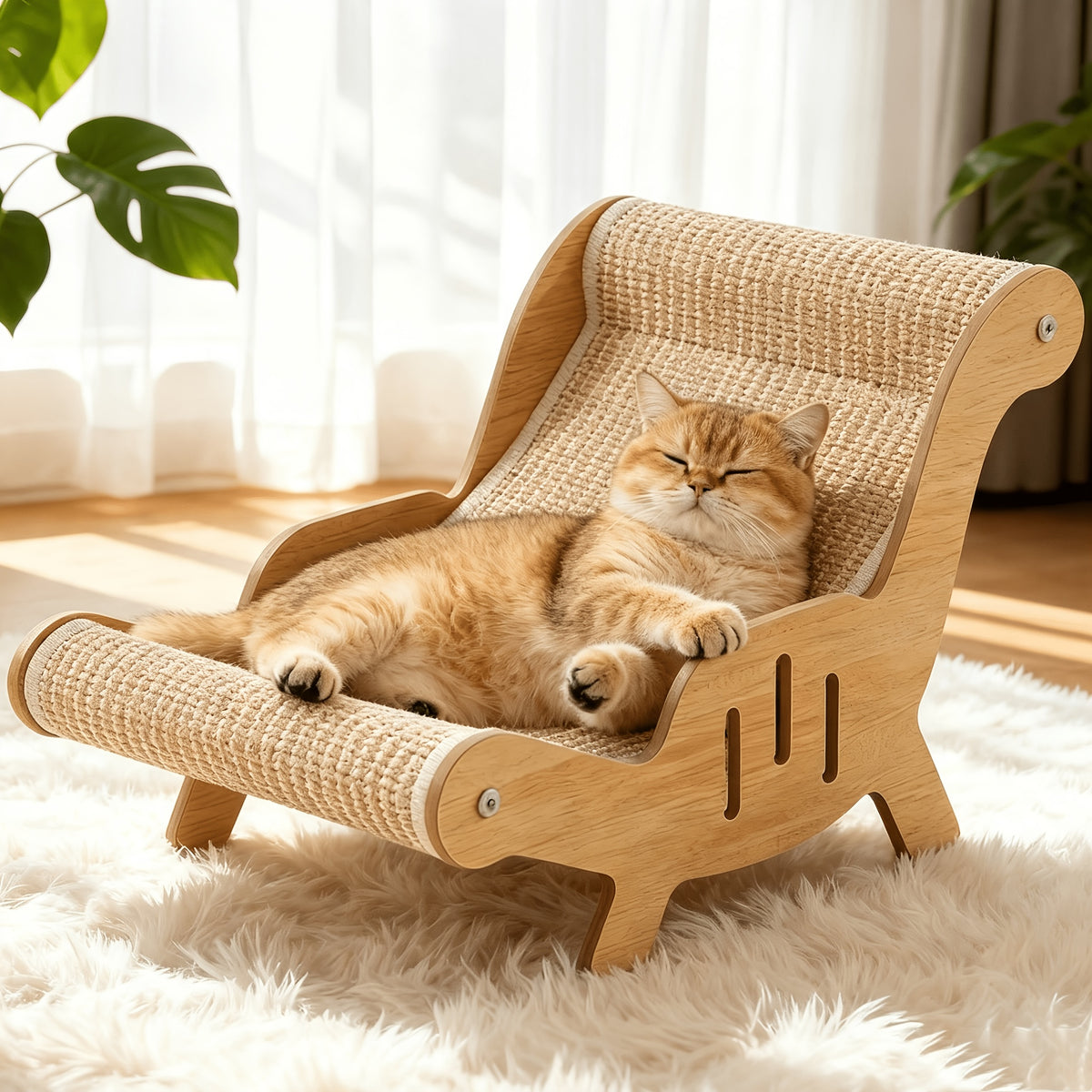 Cat Lounger Chair with Sisal Rope Scratching Bed, Elevated Hammock-Style Pet Beach Chair in Brown for Indoor Napping, Stretching and Relaxing