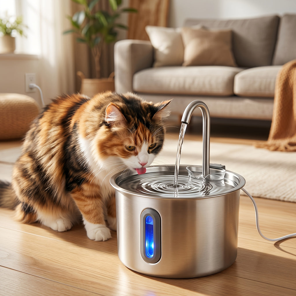 Cat Water Fountain with Filter and Sponge Bundles, 74oz 2.2L Stainless Steel Drinking Dispenser with Water Level Window for Indoor Cats and Small Dogs