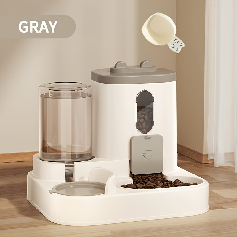 Gravity Cat Feeder and Waterer Combo with Visible Food Window, Dual-Bowl Pet Feeding Station and Siphon Water Refill, Grey, Cherry Pink or Golden