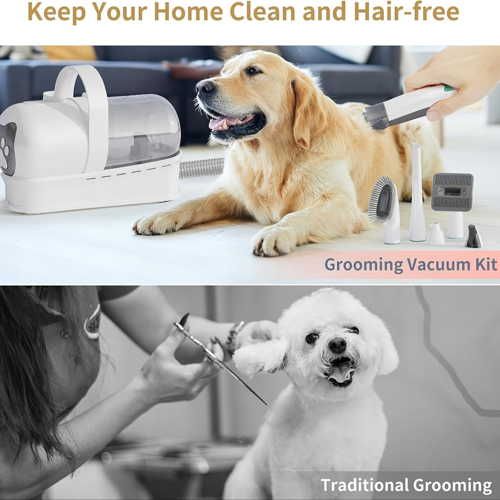 Pet Grooming Vacuum with Nail Grinder and Clipper, White Dog Grooming Kit with 6 Tools for Dog and Cat Shedding and At-Home Coat Care