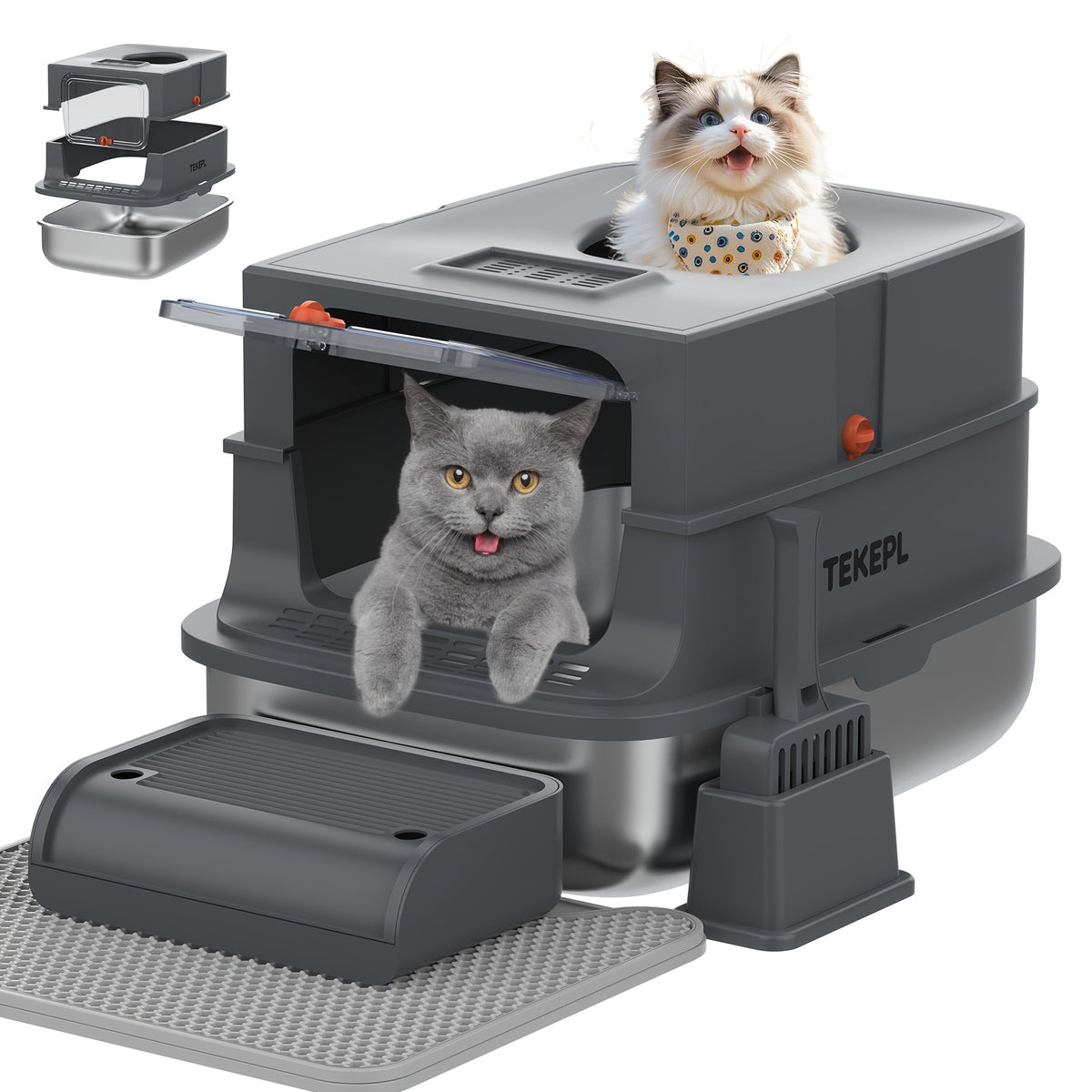Modular Stainless Steel Cat Litter Box with Lid, Extra Large High-Sided Enclosed or Semi-Open Cat Toilet with Step, Mat and Scoop