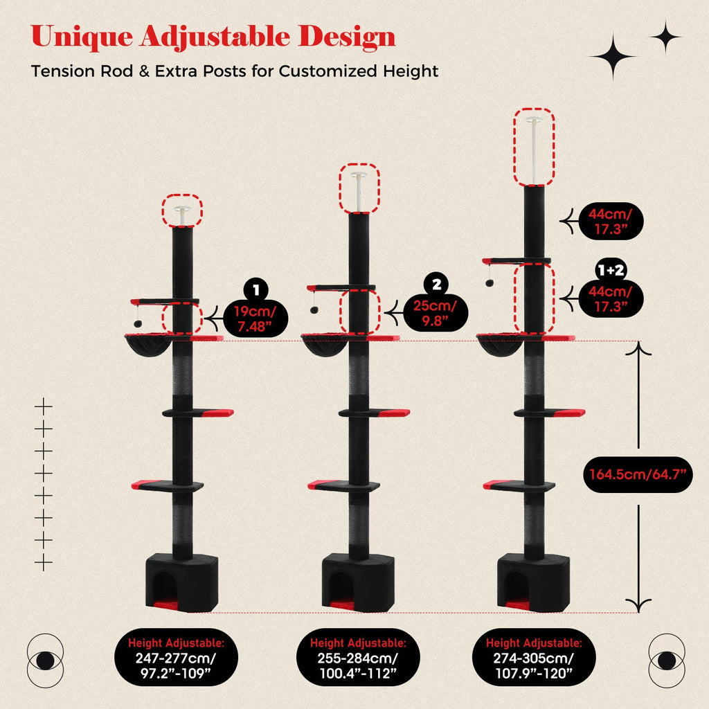 Floor to Ceiling Cat Tree, 90–107 Inch Adjustable 4-Tier Indoor Cat Tower with Tension Rod and Soft Carpet-Style Platforms for Climbing and Rest