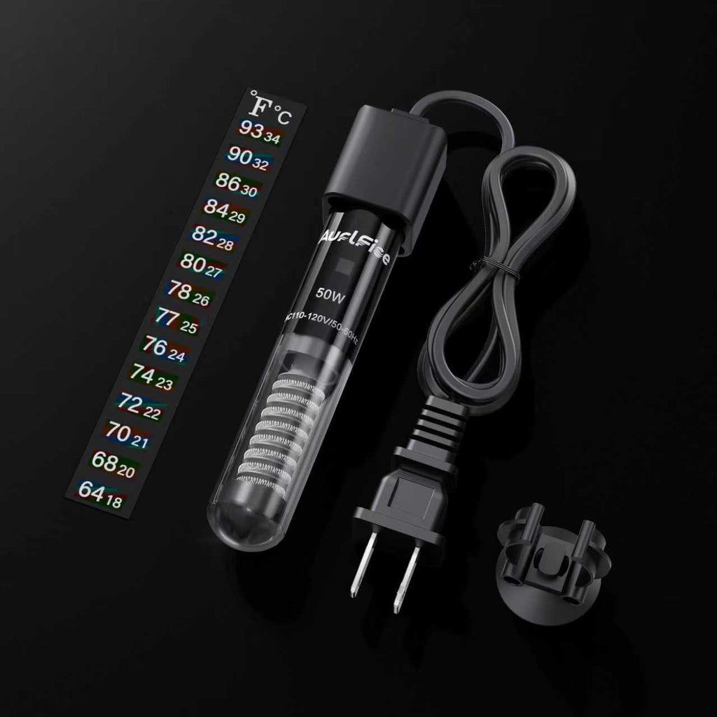 Small Fish Tank Heater 50W, Mini Submersible Aquarium Heater Preset to 78°F for 1-10 Gallon Tanks, 4.5-Inch Design with Thermometer Strip