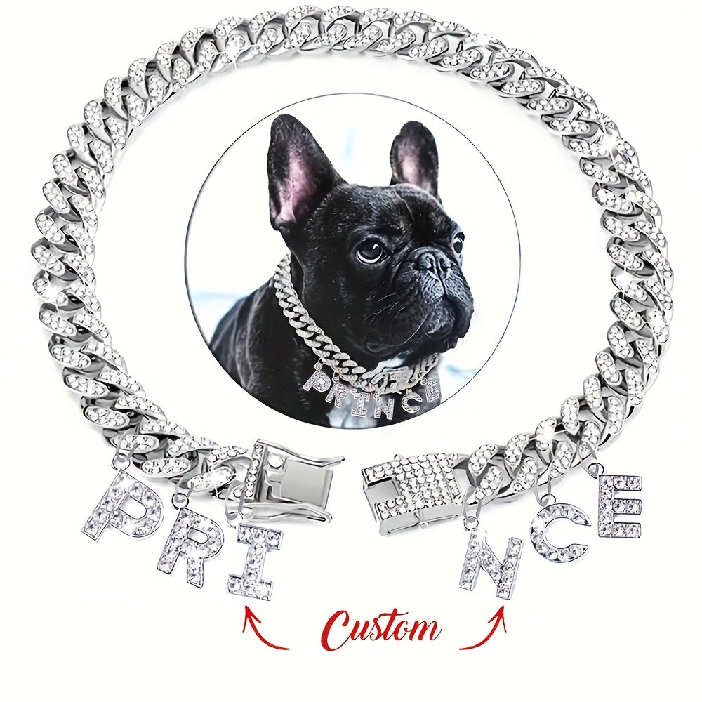 Personalized Dog Name Necklace, Rhinestone Cuban Link Chain with Custom Pendant, Gold or Silver Color Zinc Alloy Pet Jewelry for Photos and Parties