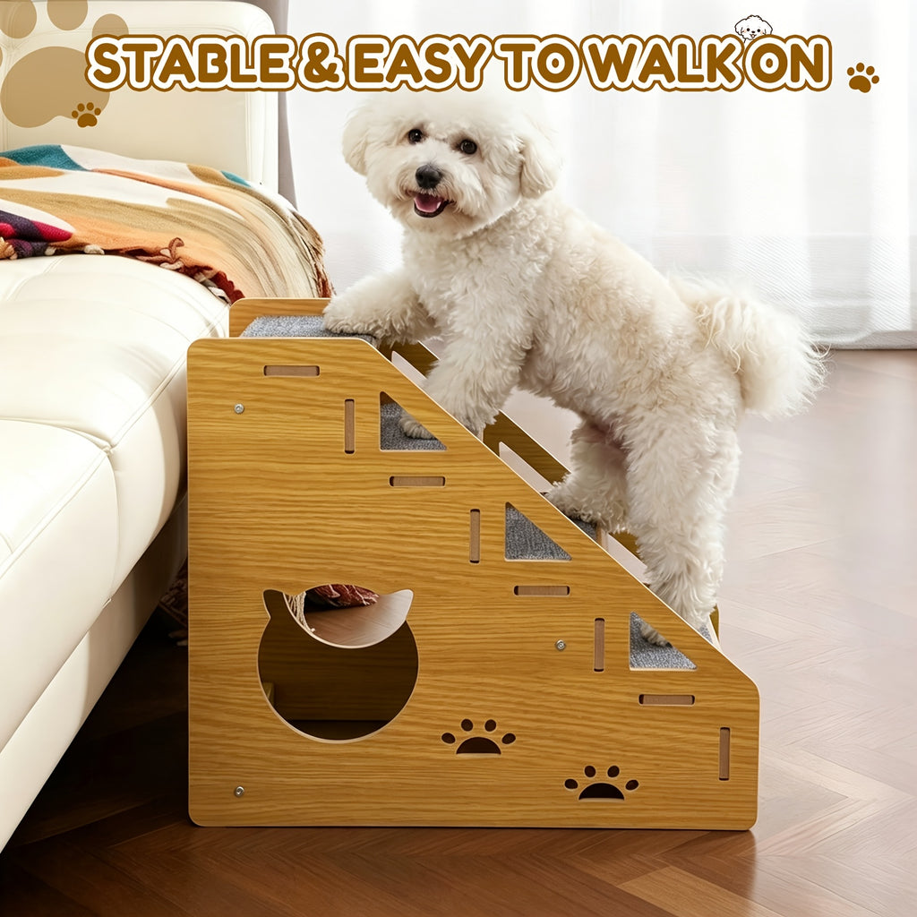 4-Step Dog Stairs for Small Dogs and Cats, Khaki Pet Steps with Non-Slip Treads and Paw Cutout Side Panels for Bed and Couch Access