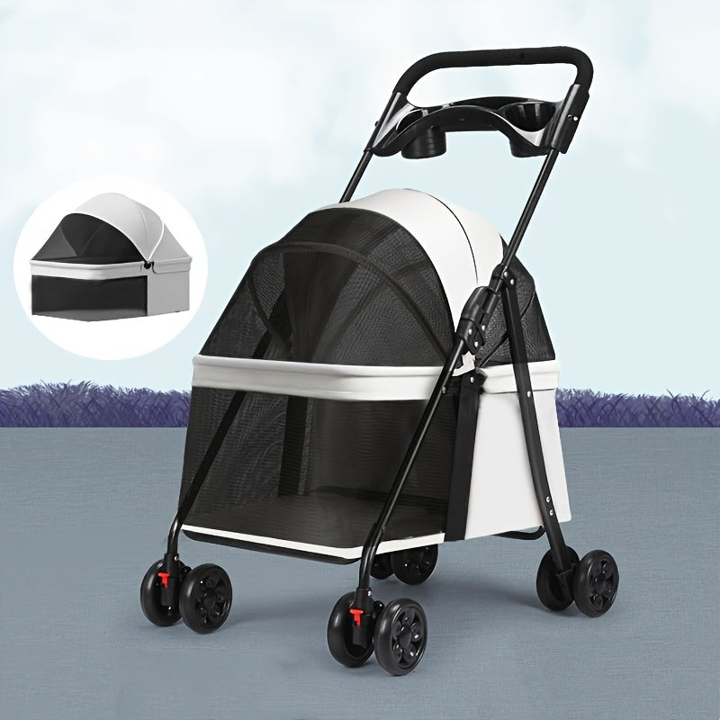 Four-Wheel Pet Stroller for Small Dogs and Cats, Foldable Metal Frame Pushchair with Ventilated Canopy, Ergonomic Handle and Storage Basket in Gray or Black