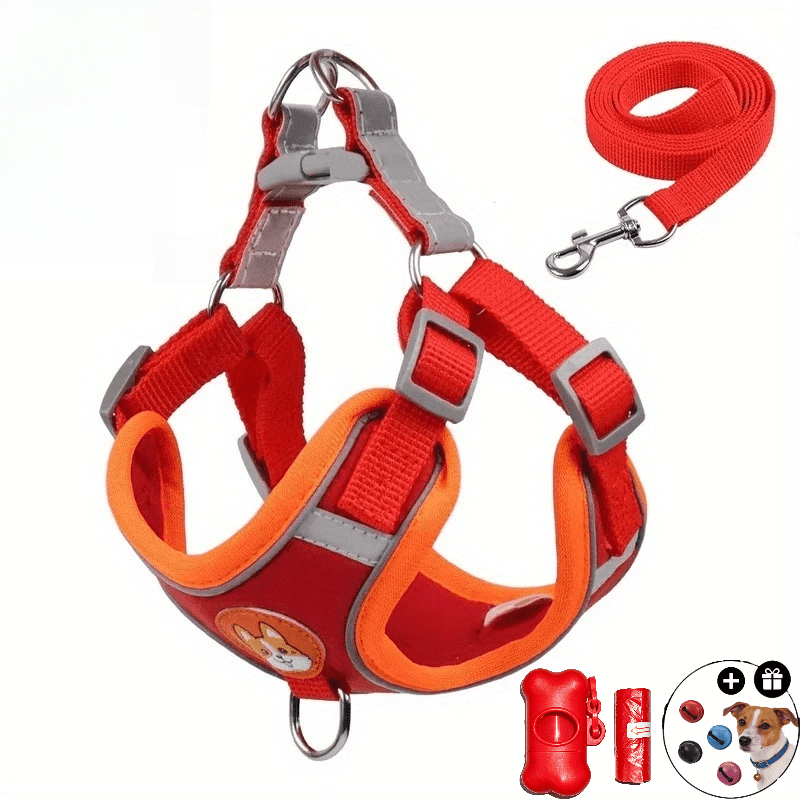 Small Dog Harness and Leash Set with Reflective Breathable Vest, Adjustable Fit, 15 Poop Bags, Random-Color Dispenser and 4 Bells for Daily Walks