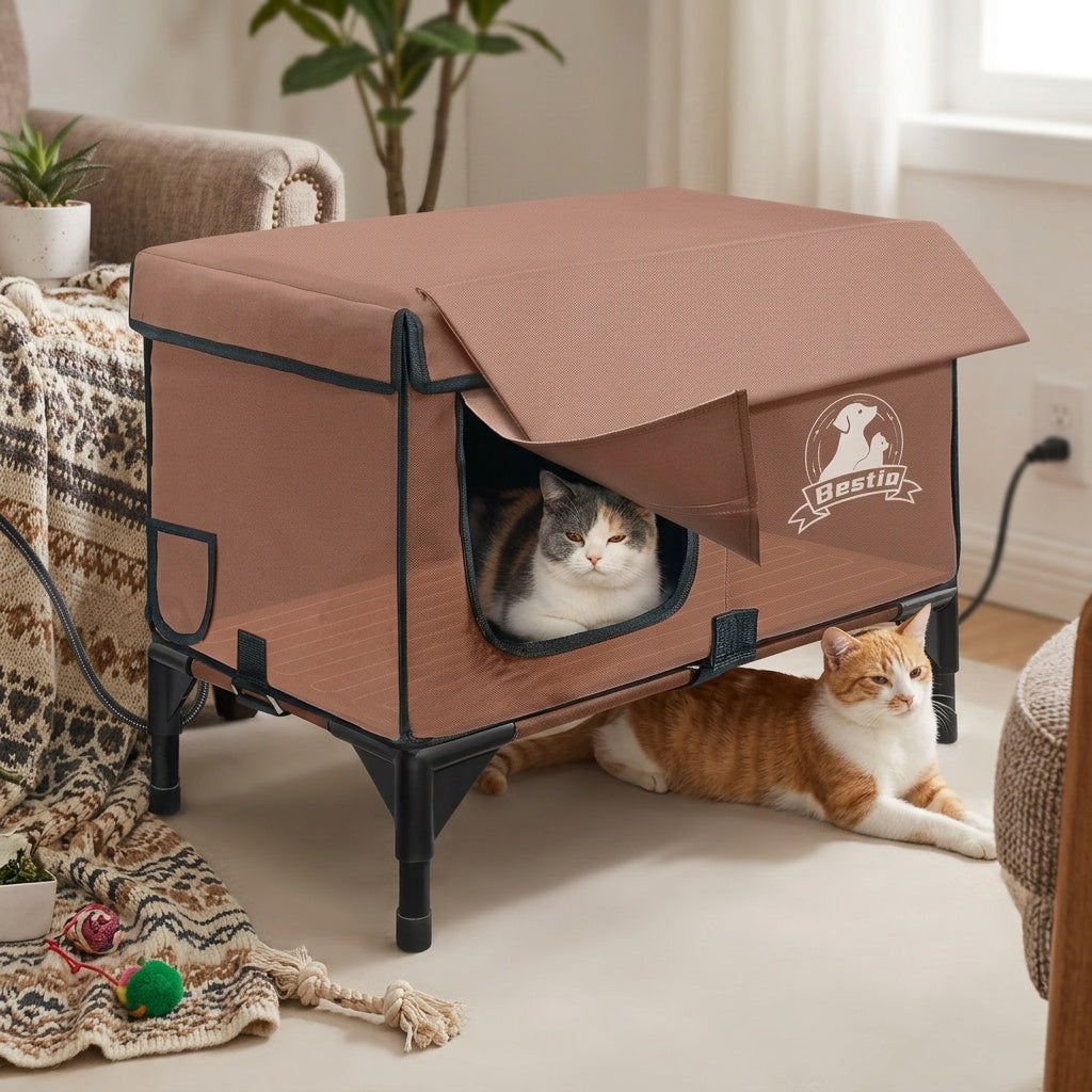 3-in-1 Heated Cat House with Detachable Heating Pad and Elevated Bed, Dual-Entry Cat Shelter in Brown, Camouflage and Roof Style Options