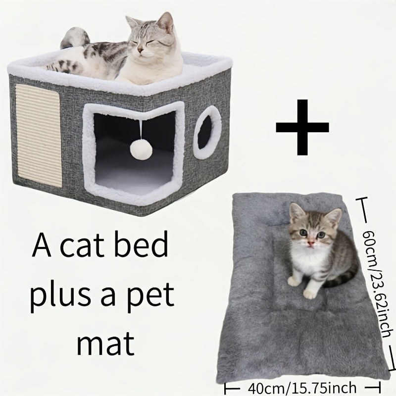 Foldable Cat Cube House for Indoor Cats, Canvas Hideaway Bed with Nylon Frame, Hanging Plush Ball and Four Style Options for Rest and Play