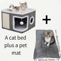 Foldable Cat Cube House for Indoor Cats, Canvas Hideaway Bed with Nylon Frame, Hanging Plush Ball and Four Style Options for Rest and Play