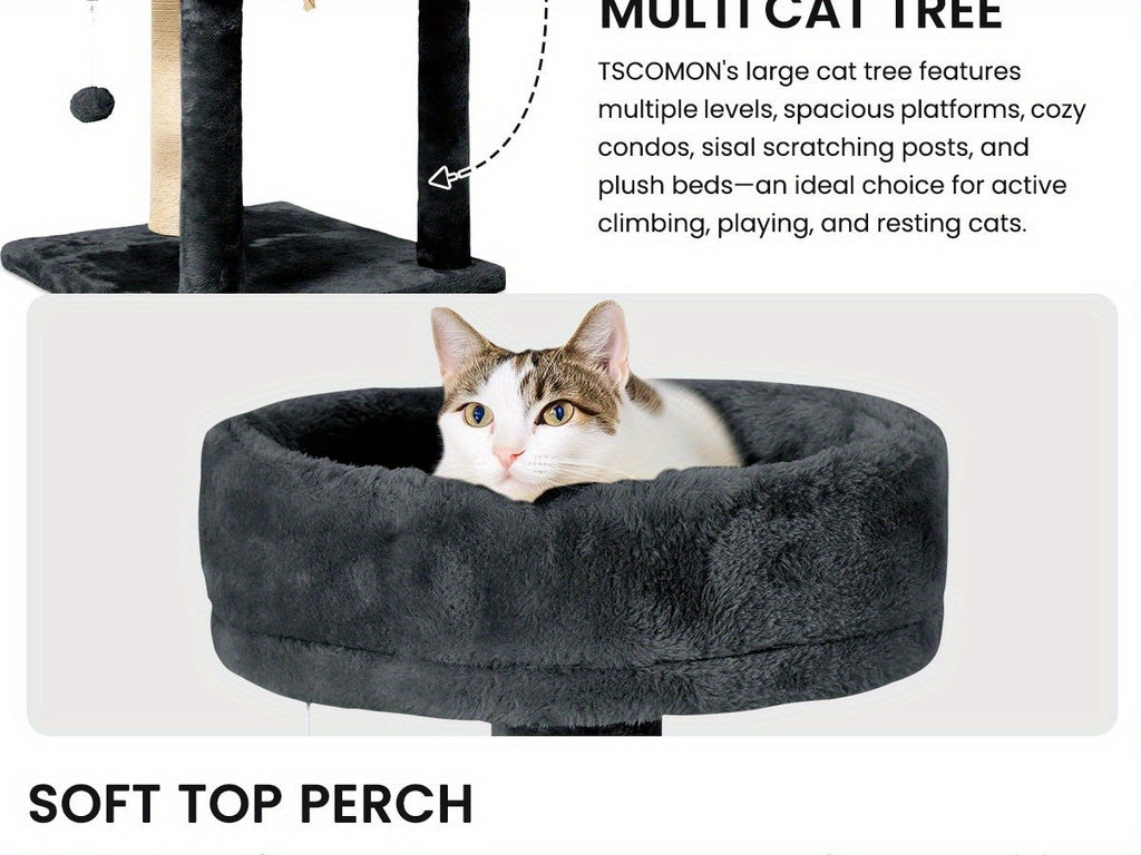 Cat Tower for Indoor Cats 59 Inch, Multi-Level Cat Tree with 2 Condos, Round Top Perch, Sisal Scratching Posts and Hanging Ball Toy, Plush Cat Furniture in 5 Colors