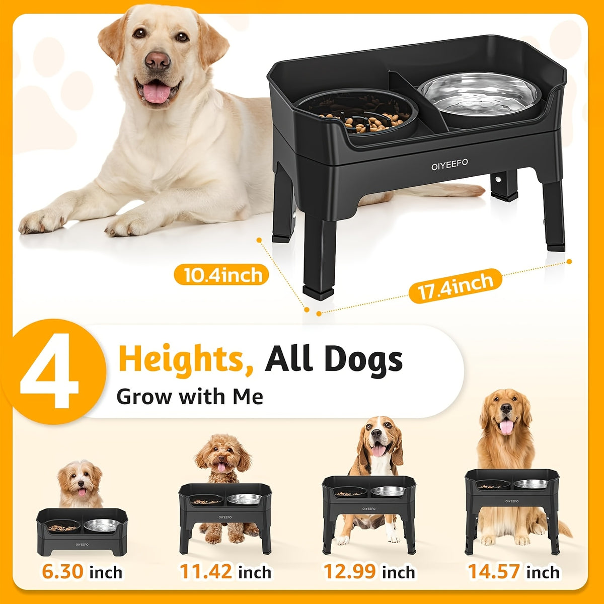 Splash Guard Elevated Dog Bowls with Four Adjustable Heights, Two 53oz Stainless Steel Bowls and Non-Slip Feet for Everyday Food and Water