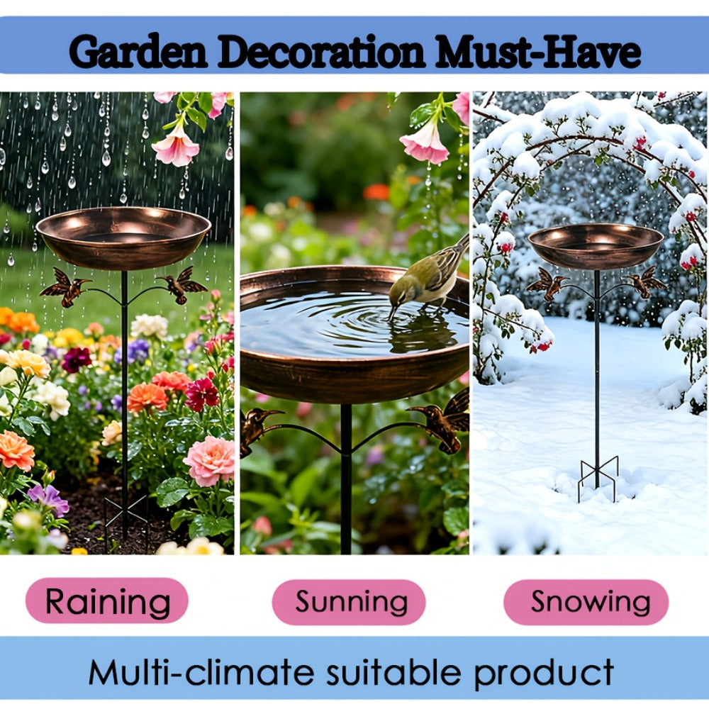 Standing Metal Bird Bath in Copper Tone with Bird Accent, Vintage Bowl-Shaped Outdoor Water Basin for Garden, Yard, Patio and Lawn Decor